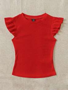 Set de 2 tops de camiseta de cuello redondo ajustados de tela acanalada en negro y rojo rosa, apropiados para verano con mangas con volantes, adecuados para salir - Multicolor 12 - Ver 3