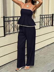 Set de 2 piezas con top de tirantes con ribete de contraste y pantalones de unicolor para mujer - Azul marino - Ver 3