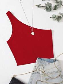 Blusa asimétrica de hombro casual de unicolor para mujer - Rojo - Ver 1