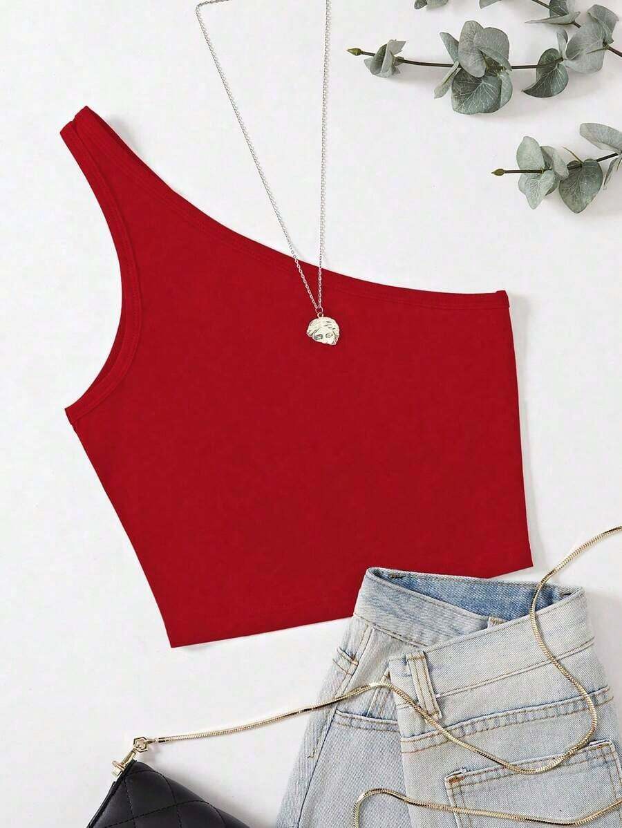 Blusa asimétrica de hombro casual de unicolor para mujer - Rojo - Ver 1