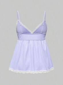 Conjunto de pijama casual de camiseta de tirantes acanalada y shorts con encaje - Púrpura malva - Ver 6