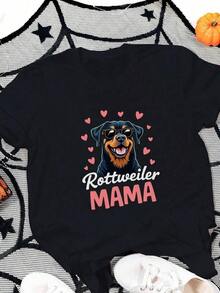 Women's T-Shirt Made Of Pure Cotton, Comfortable Fit, With A Rottweiler Print Wearing Sunglasses, Streetwear Style, Round Neck, Plus Size, For Daily Outings, Camping, Concerts, Hip-Hop, Rock And Rap Events. - 黑色 - 查看 1
