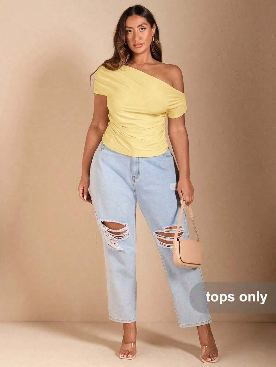 Camiseta negra de manga corta con hombro asimétrico para mujer de talla grande, ideal para verano, vacaciones en la playa, festivales de música country, fiestas, vacaciones, conciertos, fiestas de carnaval, festivales, top amarillo mantequilla, - Amarillo - Ver 1