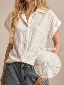 Nueva llegada Camisa casual de manga corta con botones delanteros de unicolor, adecuada para uso diario, primavera/verano - Albaricoque - Ver 2