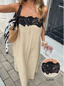 Vestido midi de vacaciones sin tirantes con parches de encaje y contraste de color para mujer - Albaricoque - Ver 3