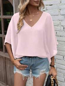 Camisa de manga de murciélago de unicolor casual, verano - Rosa Pálido - Ver 8