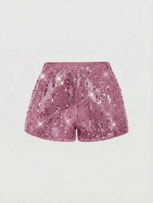 Pantalones cortos negros glamorosos de mujer con adornos de lentejuelas - Rosa - Ver 1