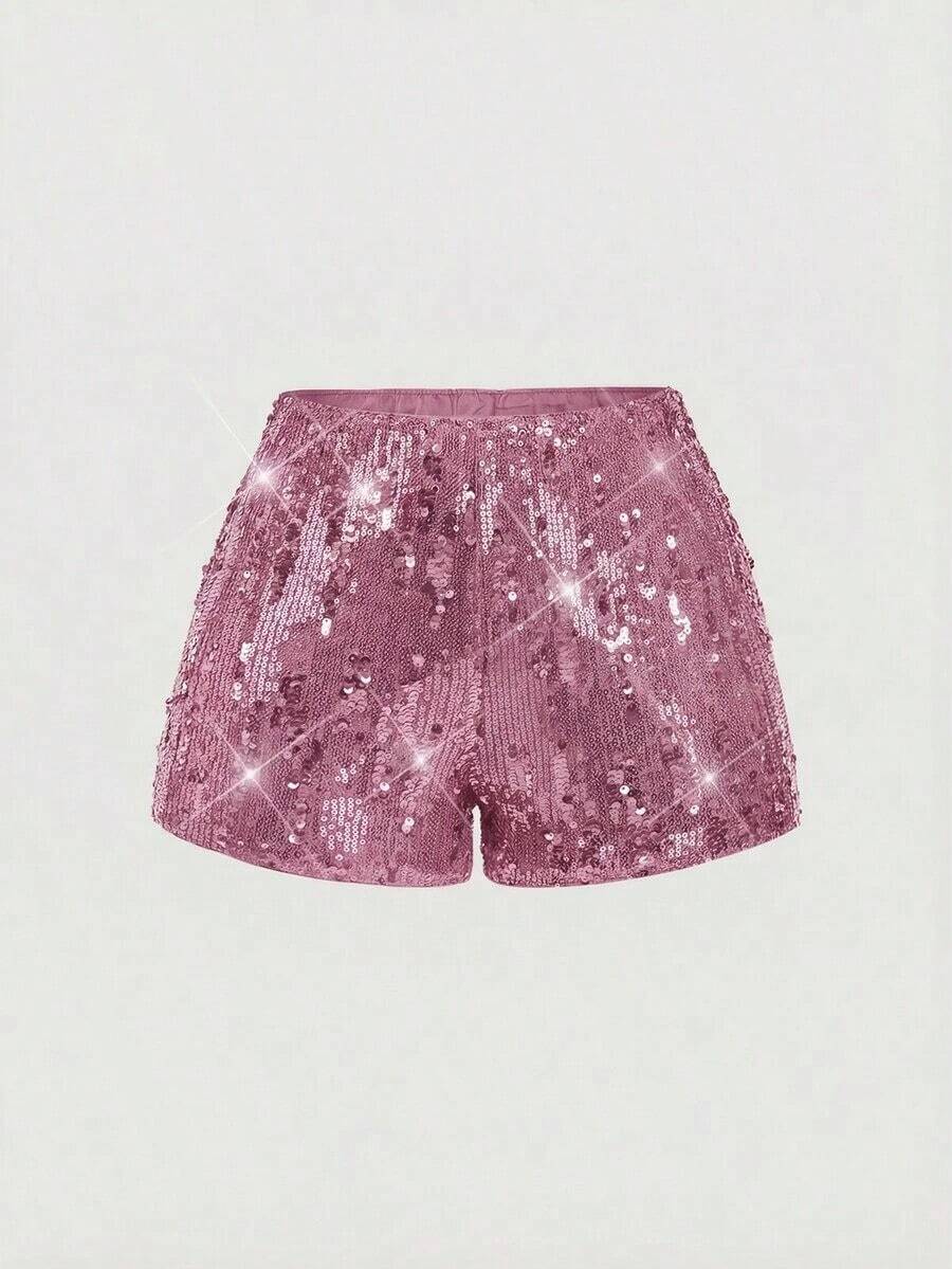 Pantalones cortos negros glamorosos de mujer con adornos de lentejuelas - Rosa - Ver 1