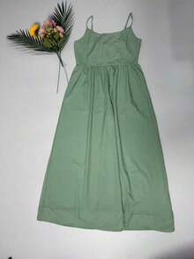 Vestido de fiesta elegante de verano con cuello en U, drapeado y bajo acampanado de unicolor - Verde - Ver 7