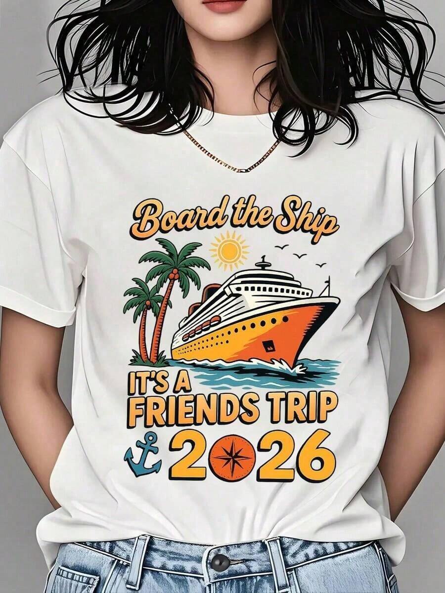 "Board The Ship It's A Friends T 2026 Cruise" T-Shirt - Holiday T-Shirt, Gift For Travelers, Summer Outfit, Relaxed Plus Size T-Shirt - 白色 - 查看 1