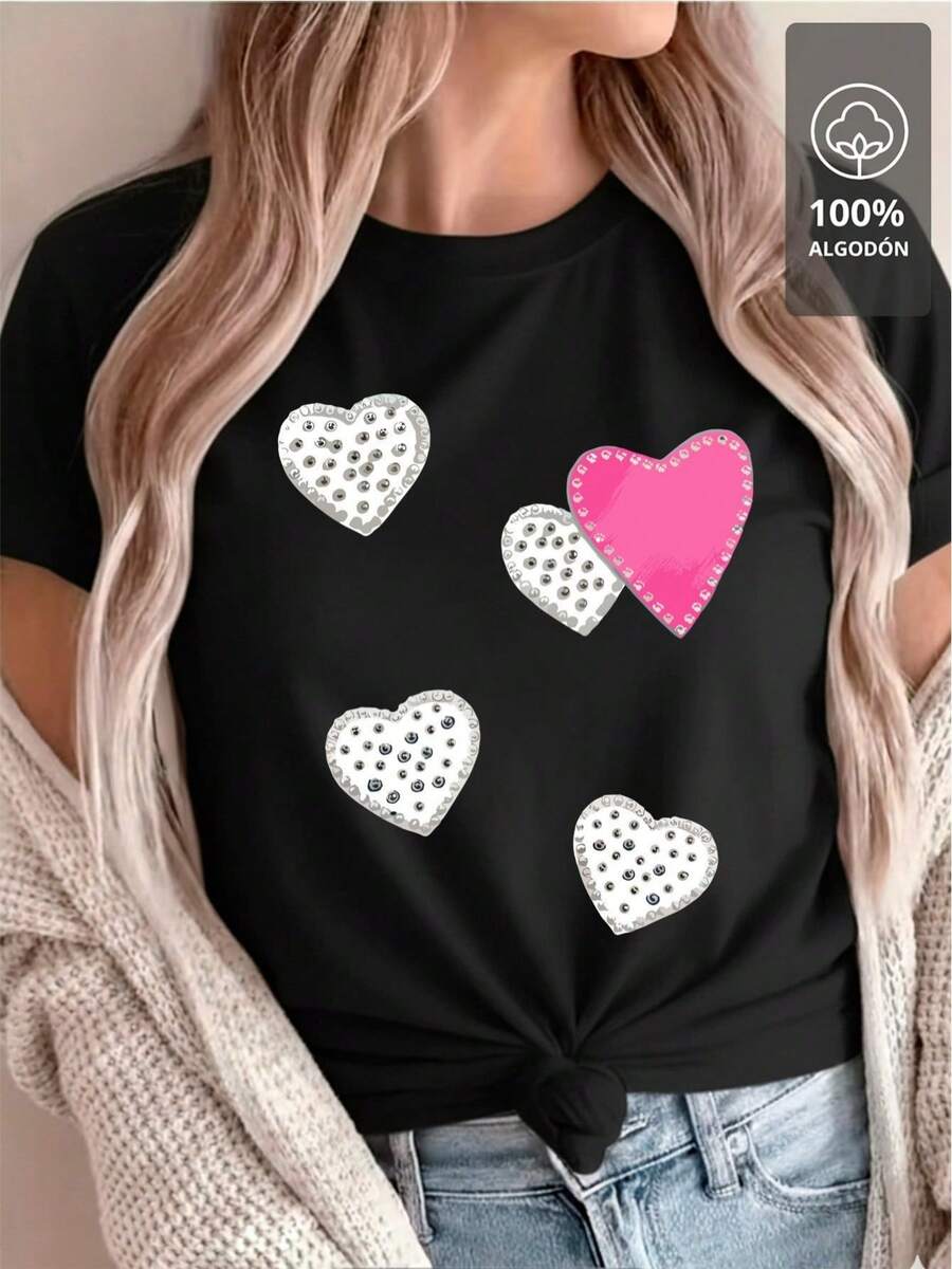 Studded Hearts White & Pink - Playera 100% Algodón - Negro - Ver 1