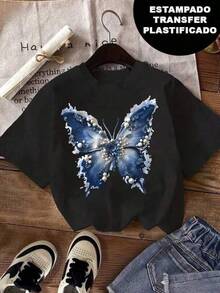 New 2026 Playera ESTAMPADA con diseño de mariposa azul, efecto de perlas pero es ESTAMPADO, diseño estampado, playera colorida, moderna, casual, cuello redondo, manga corta, ideal para llevarla a la escuela o al trabajo, holgada, a la moda, para uso diario. - Negro - Ver 1