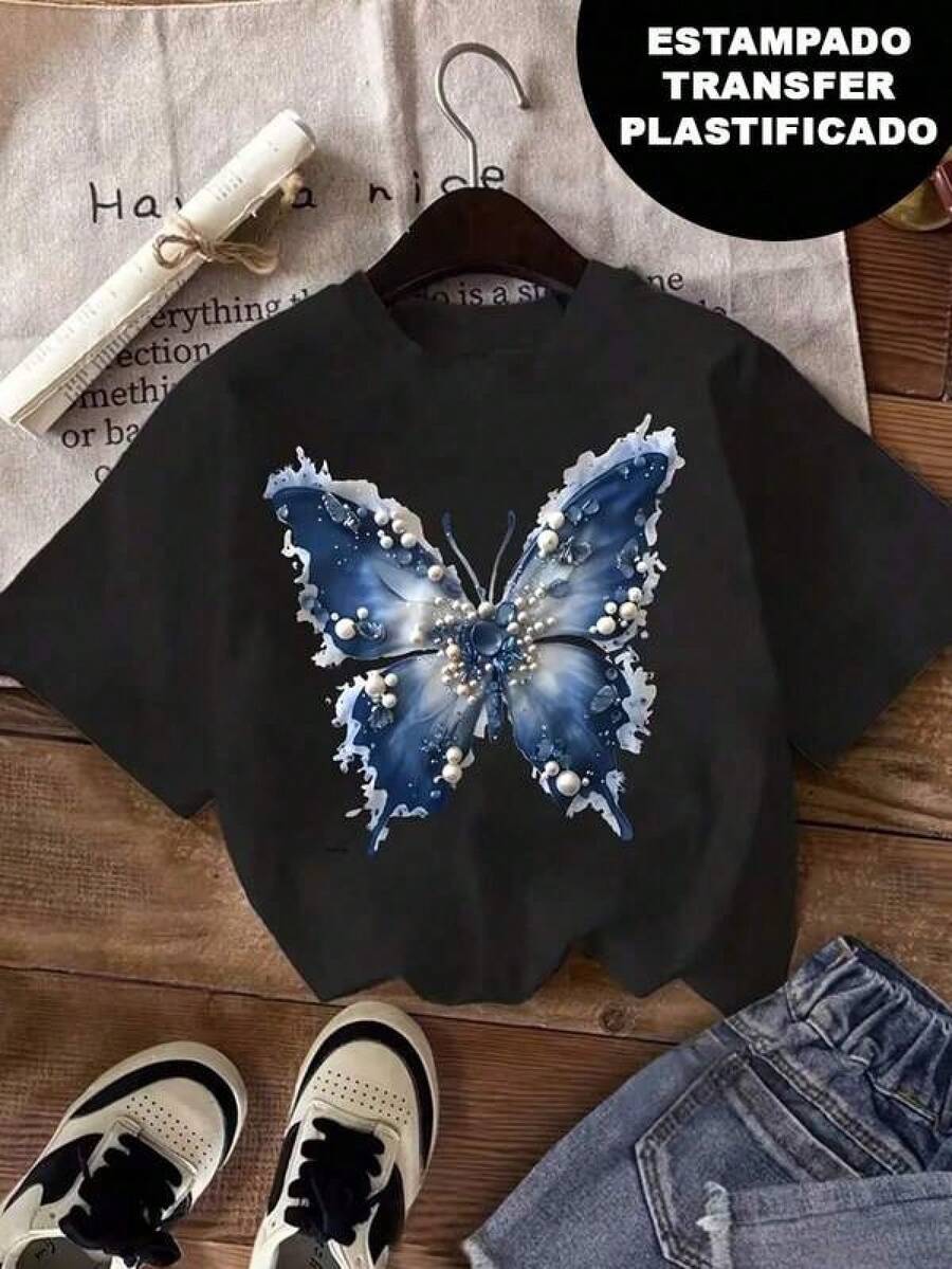 New 2026 Playera ESTAMPADA con diseño de mariposa azul, efecto de perlas pero es ESTAMPADO, diseño estampado, playera colorida, moderna, casual, cuello redondo, manga corta, ideal para llevarla a la escuela o al trabajo, holgada, a la moda, para uso diario. - Negro - Ver 1