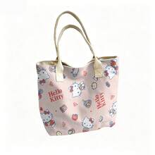 Miniso Sanrio Hello Kitty 全印花帆布手提包，粉色，饰有食物和爱心图案，适合日常使用。 - 粉色 - 查看 4