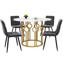 Dining Table Set (5 Pieces), Dining Table Set With 4 Chairs, Kitchen Table Set, 100cm Diameter Round Dining Table With Gold Metal Legs, White MDF Tabletop, Dark Gray Velvet Dining Chairs - Multicolor - View 1