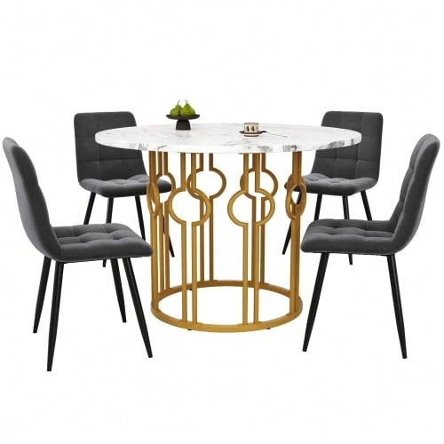 Dining Table Set (5 Pieces), Dining Table Set With 4 Chairs, Kitchen Table Set, 100cm Diameter Round Dining Table With Gold Metal Legs, White MDF Tabletop, Dark Gray Velvet Dining Chairs - Multicolor - View 1