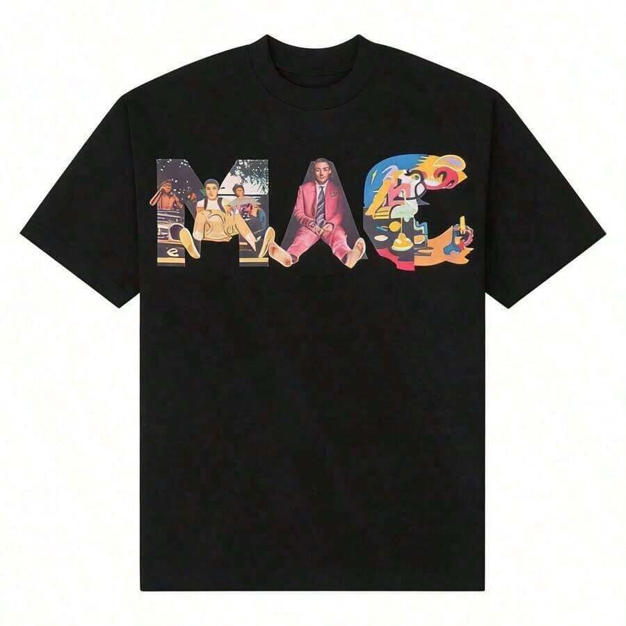 New Summer 2025 T-Shirt, Loose Fit, Printed, Crew Neck, Collage Style, Vintage, Rapper Style, 90s Music, Unisex, 100% Cotton, Short Sleeve, Men's Clothing, Graphic T-Shirts - 黑色 - 查看 1
