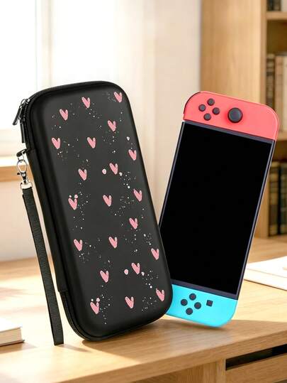 Túi đựng du lịch di động, vỏ bảo vệ cứng hình trái tim, túi chống sốc cho máy chơi game Switch và phụ kiện, màu đen, phù hợp với dòng OLED, có khe cắm thẻ game và dây đeo cổ tay.