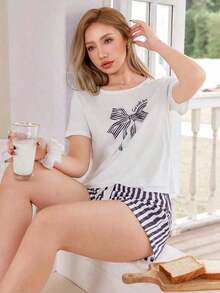 Women's Short-Sleeved Pajama Set With Striped Print And Ties - 白色的 - 查看 1