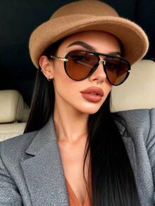 1pc Full-Frame Metal Retro Large Frame Fashion Glasses, Y2K Stylish Glasses Suitable For Daily, Outdoor, Street Photography, Driving, Travel, Party And Other Occasions - màu nâu - Xem 4