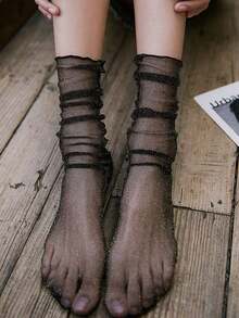 1 Pair Women's Black Pearlescent Shiny See-Through Mesh Stockings, Suitable For Party And Stage Performance, Mid-Calf Style Christmas Gift - One-size - View 5