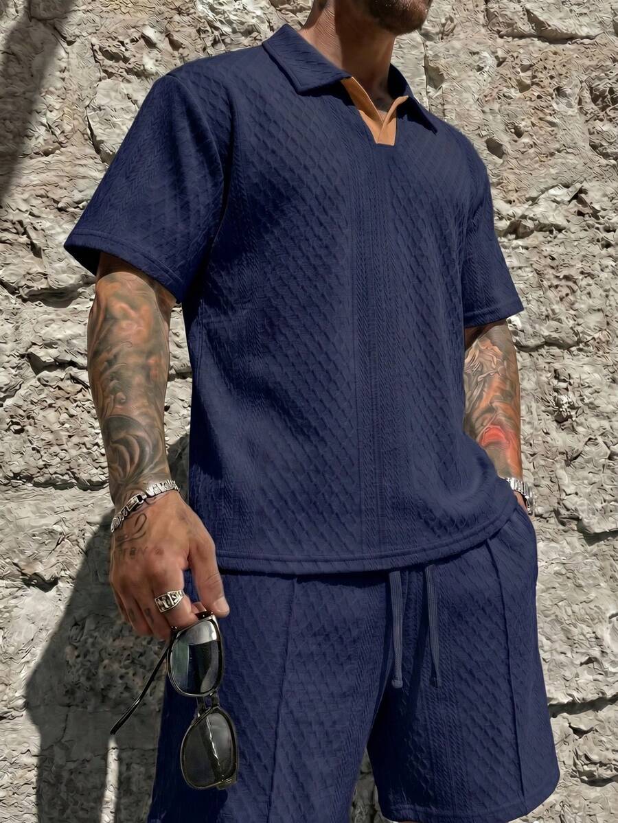 Men's Cool Daily Commute Home Casual Polyester Fabric Solid Color Versatile Sports Breathable Diamond Pattern Set - Navy Blue - View 1