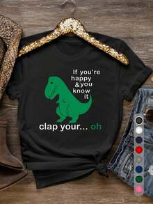 Limited Edition Women's T-Shirt With Fun Dinosaur Print - Featuring A Green Tyrannosaurus Rex Print, This Is A Great Choice For Casual Wear In Spring And Summer, And A Perfect Gift For Dinosaur Lovers. Made From Lightweight Cotton. - 黑色 - 查看 1