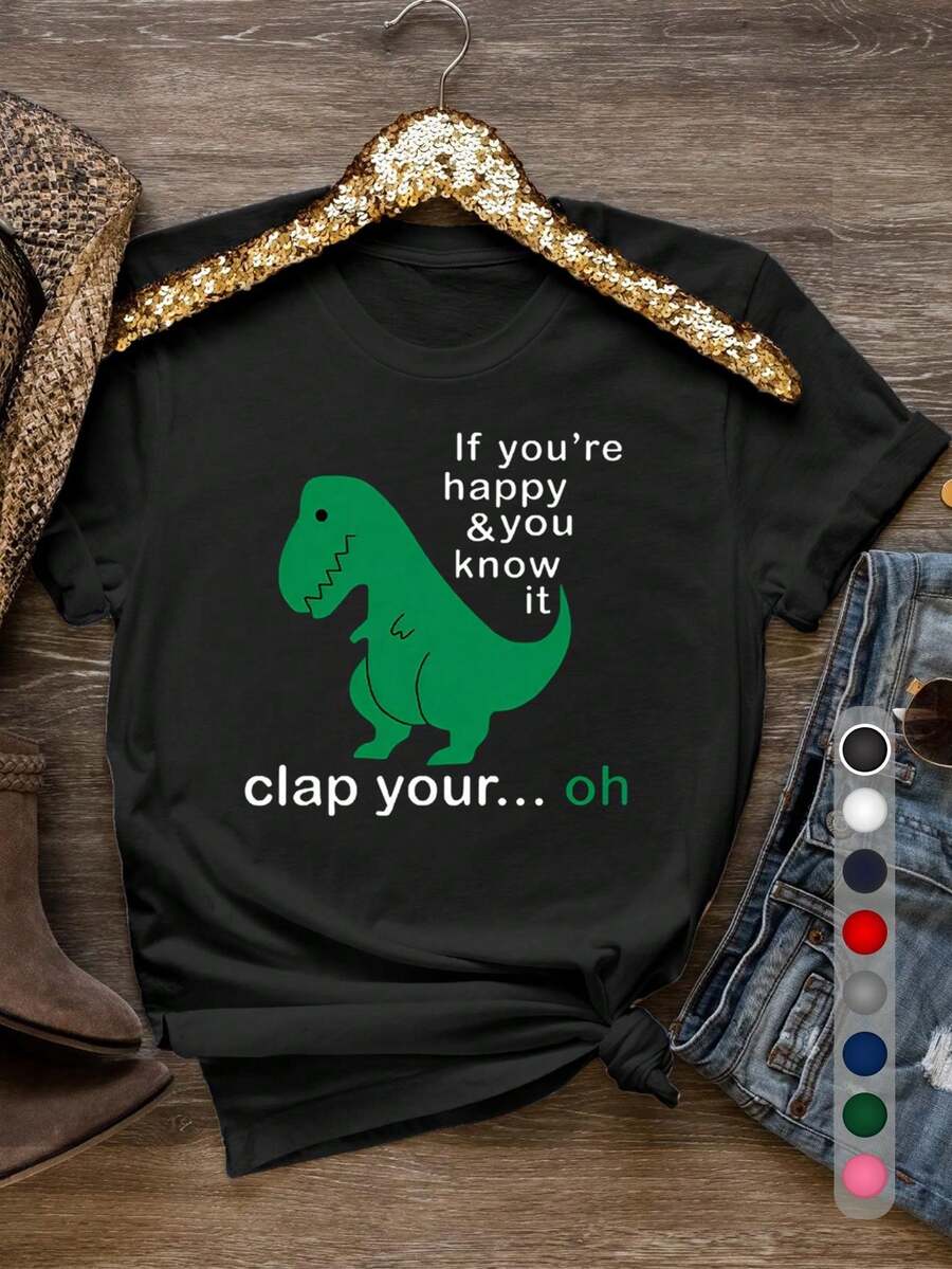 Limited Edition Women's T-Shirt With Fun Dinosaur Print - Featuring A Green Tyrannosaurus Rex Print, This Is A Great Choice For Casual Wear In Spring And Summer, And A Perfect Gift For Dinosaur Lovers. Made From Lightweight Cotton. - 黑色 - 查看 1