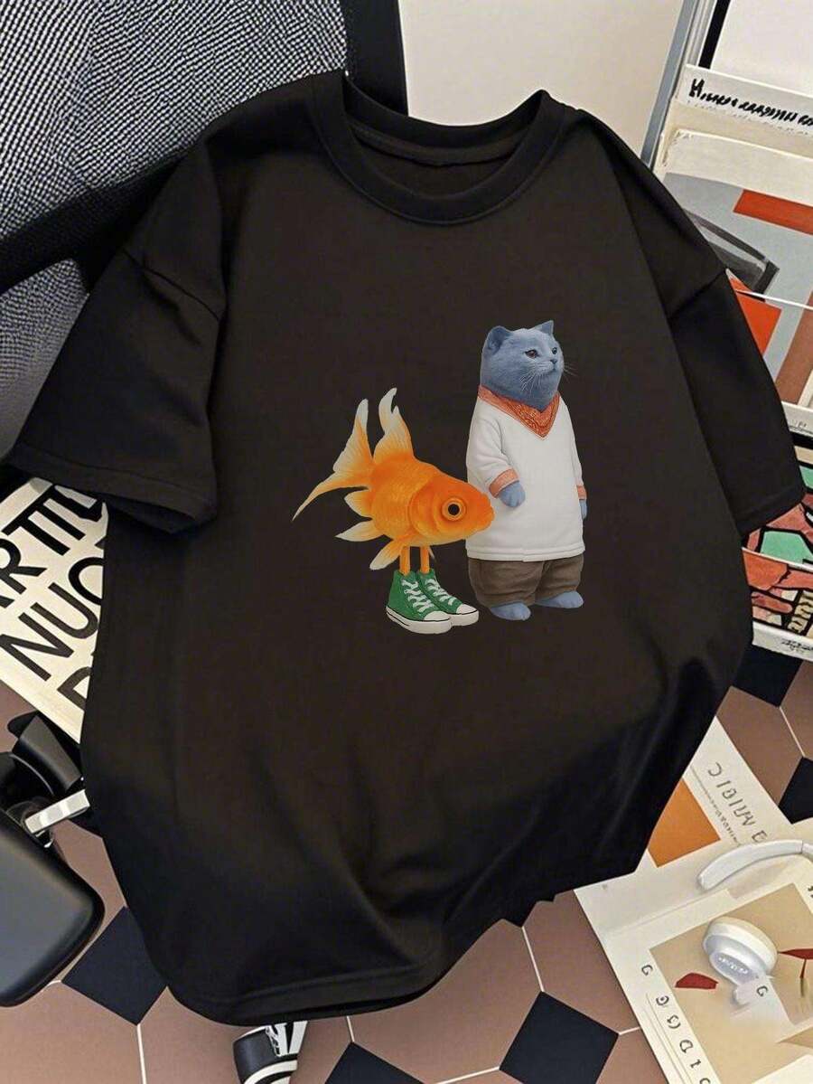 Camiseta de manga corta con estampado de alta calidad, corte holgado, tejido peinado finamente, diseño estilo urbano para primavera y verano - Negro - Ver 1