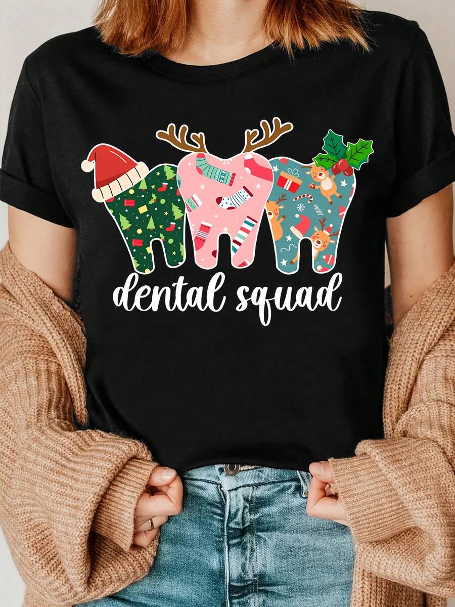 1 camiseta estampada para equipo dental, camiseta navideña para dentistas, camiseta para asistente dental, 180g 100% algodón - Negro - Ver 1