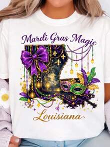 Women's Plus Size T-Shirt - Short Sleeve Crew Neck Blouse Suitable For All Seasons, Machine Washable, Comfortable And Stretchy Fabric With 2D Flat Print, Ideal For Carnival Parties And Independence Day (Casual Wear), 2D Flat Print - 白色的 - 查看 1