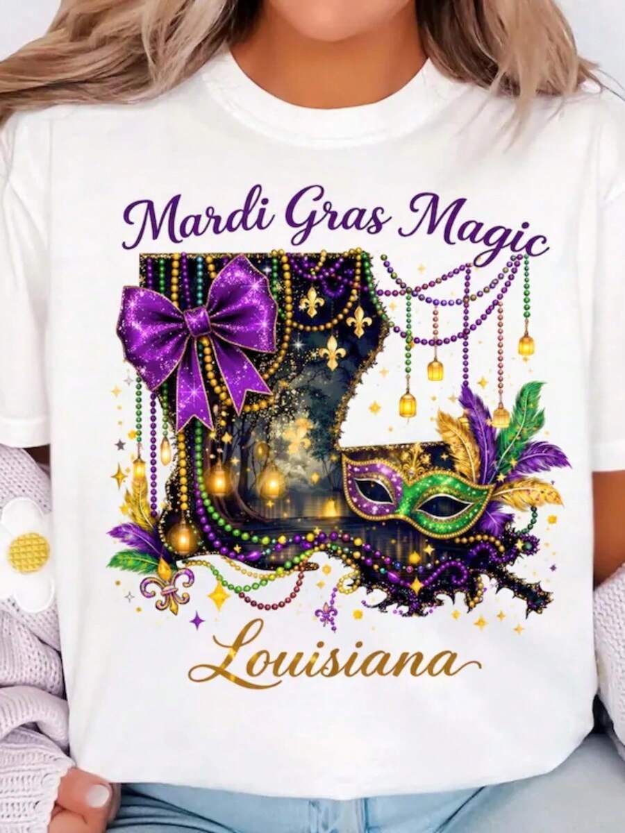 Women's Plus Size T-Shirt - Short Sleeve Crew Neck Blouse Suitable For All Seasons, Machine Washable, Comfortable And Stretchy Fabric With 2D Flat Print, Ideal For Carnival Parties And Independence Day (Casual Wear), 2D Flat Print - 白色的 - 查看 1