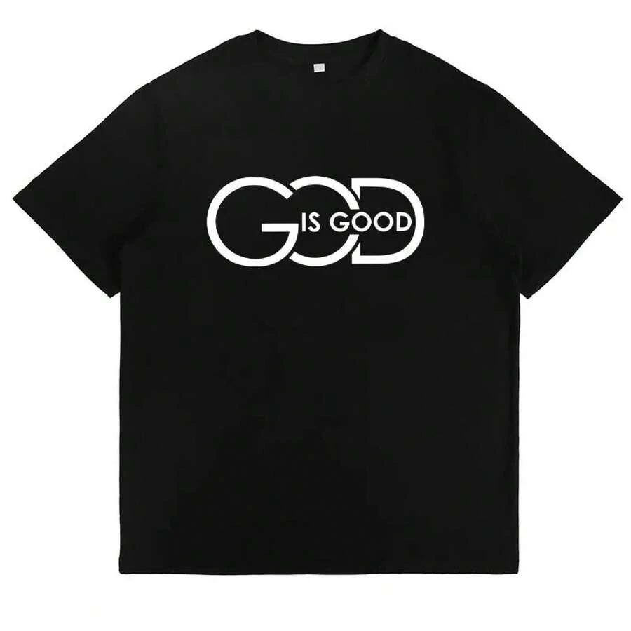 Camiseta Gráfica 'God Is Good', Camiseta de Fe Cristiana, Top Moderno, Ropa Casual para la Iglesia y Uso Diario para Mujeres - Negro - Ver 1