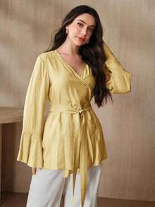 Camisa de mujer con mangas acampanadas y cintura envolvente de unicolor - Amarillo - Ver 7