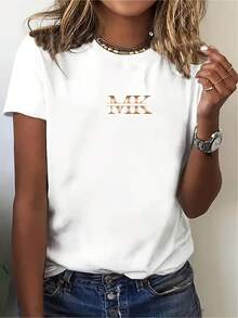 Esta elegante camiseta de mujer con estampado de letras y cuello redondo presenta un diseño minimalista, es cómoda y transpirable, perfecta para uso casual diario, mostrando un estilo natural y elegante, un imprescindible para fiestas de verano, con envío local. - Blanco - Ver 2