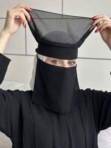 1pc Women's Black Niqab, Solid Color Full Face Covering Veil, Muslim Traditional Face Mask - Black - View 2