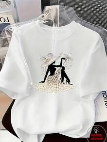 Elegant And Luxurious High-End Outfit With A Touch Of Temperament - Women's Printed T-Shirt - Feminine Design Adorned With Pearls And Crystals | Lightweight Luxury, Gorgeous Everyday Wear | Soft And Breathable Fabric, Casual Spring/Summer Round Neck Short Sleeve T-Shirt - 白色 8 - 查看 1