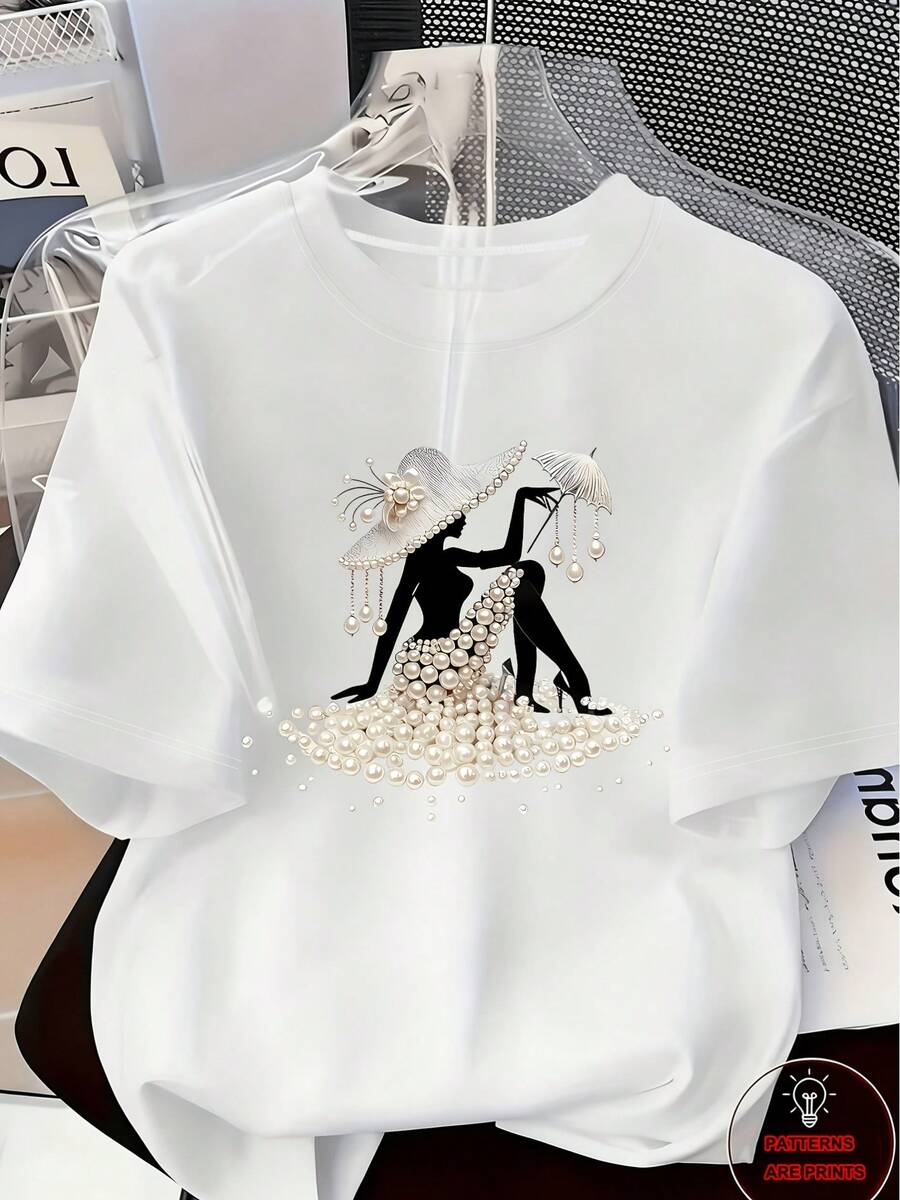 Elegant And Luxurious High-End Outfit With A Touch Of Temperament - Women's Printed T-Shirt - Feminine Design Adorned With Pearls And Crystals | Lightweight Luxury, Gorgeous Everyday Wear | Soft And Breathable Fabric, Casual Spring/Summer Round Neck Short Sleeve T-Shirt - 白色 8 - 查看 1