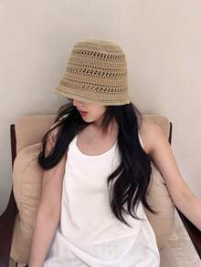 1 chiếc mũ tai bèo dệt rỗng thời trang mùa hè dành cho nữ, mũ vành hẹp dệt kim phong cách Boho chống nắng ngoài trời, đa năng thoải mái. - Nhiều màu - Xem 6