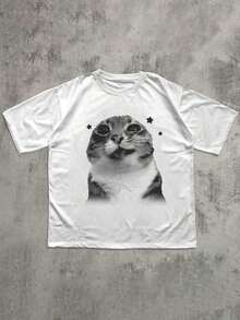 1 pieza de camiseta divertida estilo Y2K retro con diseño de gato, camiseta peculiar con diseño de gato, camiseta vintage, regalo para amantes de los gatos, camiseta linda de cuello redondo de talla grande para mujer, nueva colección primavera/verano 2026, estilo casual, color blanco, 180g, 100% algodón. - Blanco - Ver 6