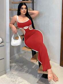 YHHSHEIN  Vestido largo de verano para mujer de ajuste ceñido con recortes de color contrastante y diseño caladoYHH - Rojo - Ver 4