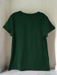 New Arrival: Christmas Themed Santa Claus Print T-Shirt, Perfect For Women's Casual Wear, Holidays, Short Sleeves, Round Neck, Suitable For Spring And Summer, Machine Washable, Fashionable Women's Clothing, Versatile For Outings, Flattering And - 深綠色 - 查看 2