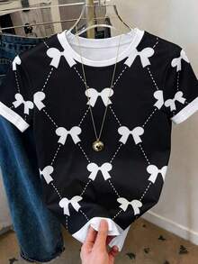 Camiseta de manga corta de cuello redondo casual con ribete de contraste para mujer, verano - Multicolor 4 - Ver 3
