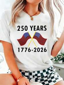 White Cotton T-Shirt 250 Years 1776-2026 American Flag Crossed Flags Independence Day Celebration Party Wear - 白色 - 查看 4