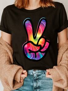 Camiseta de Algodón Retro Tie-Dye con Símbolo de Paz para Mujeres de los 60s y 70s - Estampado Vibrante de Remolinos, Cuello Redondo Corto Casual, Transpirable para Verano y Primavera, Lavable a Máquina, Top Diario, Estilo Vintage, Camiseta Ligera, Ropa Moderna - Negro - Ver 6