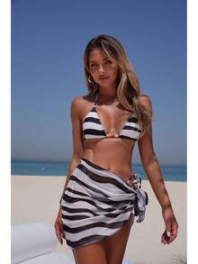 Nuevo traje de baño de bikini de tres piezas, moderno y sexy para mujer, conjunto de traje de baño de dos piezas a rayas. - 9334 Juego de tres piezas a rayas - Ver 7