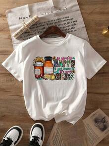 Camiseta de Mujer con Estampado "Happy Meds" - Manga Corta, Cuello Redondo, Top Casual de Verano, con Divertidos Diseños de Medicamentos y Vitaminas, Mezcla de Poliéster Ligero, Adecuada para Primavera y Verano, Ropa Informal y Relajada.|   Camiseta con Estampado Divertido|   Tela suave con estampado de patrones medicinales, transpirable y cómoda. - Blanco - Ver 10