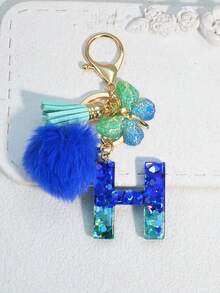 1pc Blue Heart Letter Keychain With Butterfly & Flower Decor, Women Bag Charm, Gift Keyring With Pom Pom - Royal Blue - View 33