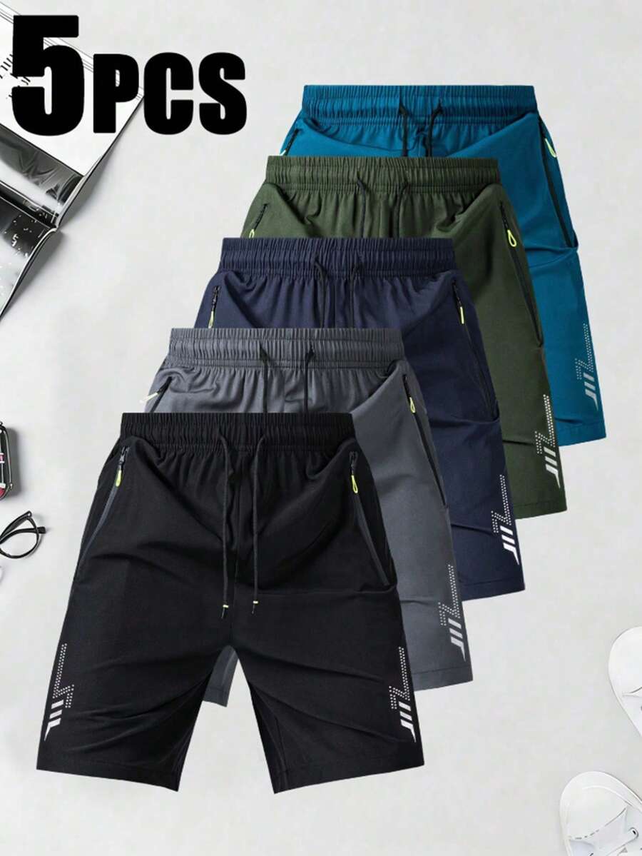 5pcs/Set Men's Summer New Casual Sports Shorts, Printed, Drawstring Elastic Waist, Anti-Theft Zipper Pockets, Regular Fit, Sports Casual Running Fitness Basketball Tennis Training Shorts, Daily Home Casual Outdoor Men's Bottoms