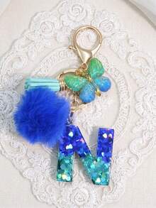 1pc Blue Heart Letter Keychain With Butterfly & Flower Decor, Women Bag Charm, Gift Keyring With Pom Pom - Royal Blue - View 34